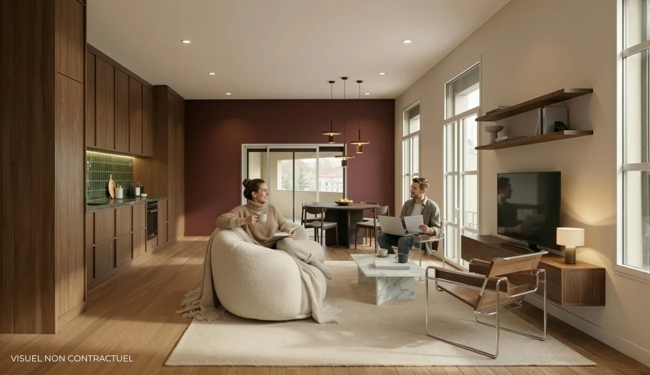 Grand salon lumineux et cuisine ouverte du projet immobilier La Belle Époque à Roanne.