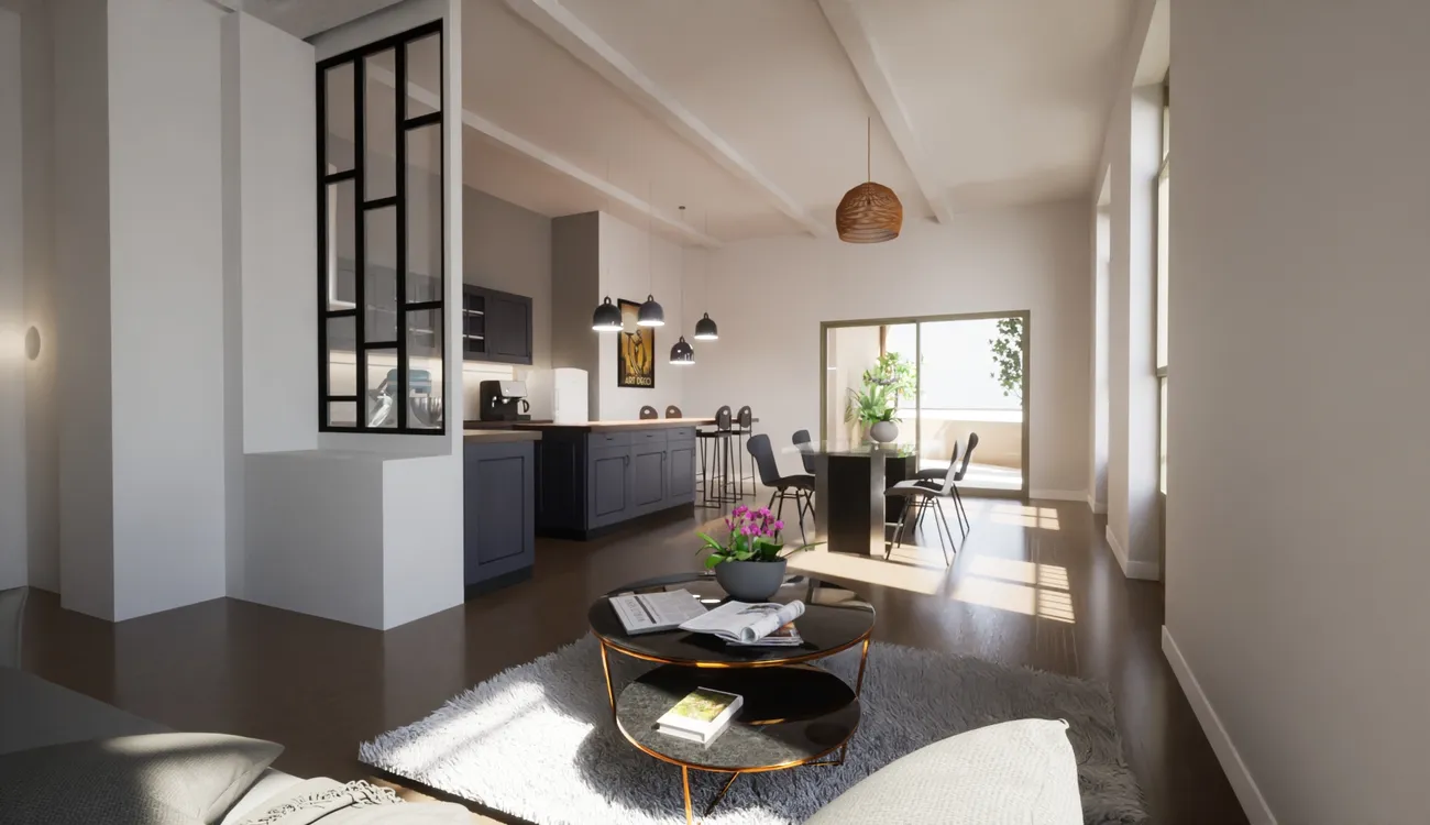 Appartement moderne avec terrasse dans le projet immobilier La Belle Époque à Roanne, offrant une vue agréable et un espace extérieur.