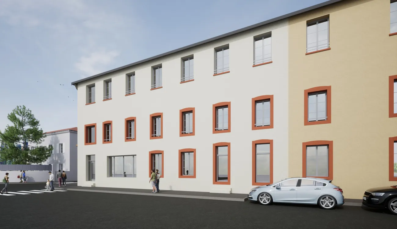 Détail de la façade du projet immobilier La Belle Époque à Roanne, soulignant ses caractéristiques architecturales.