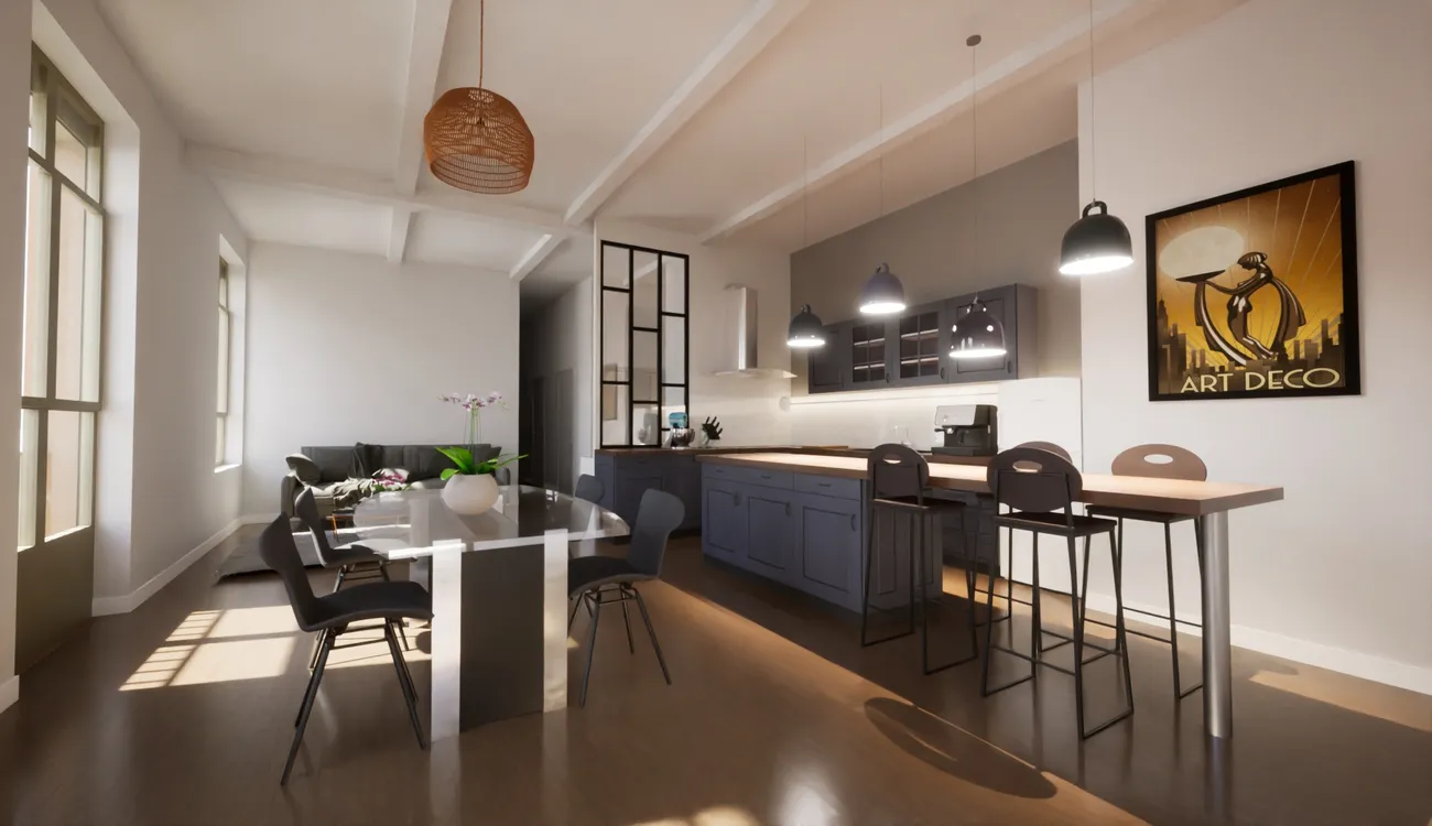 Intérieur d'un appartement moderne dans le projet immobilier La Belle Époque à Roanne, illustrant un style de vie contemporain.