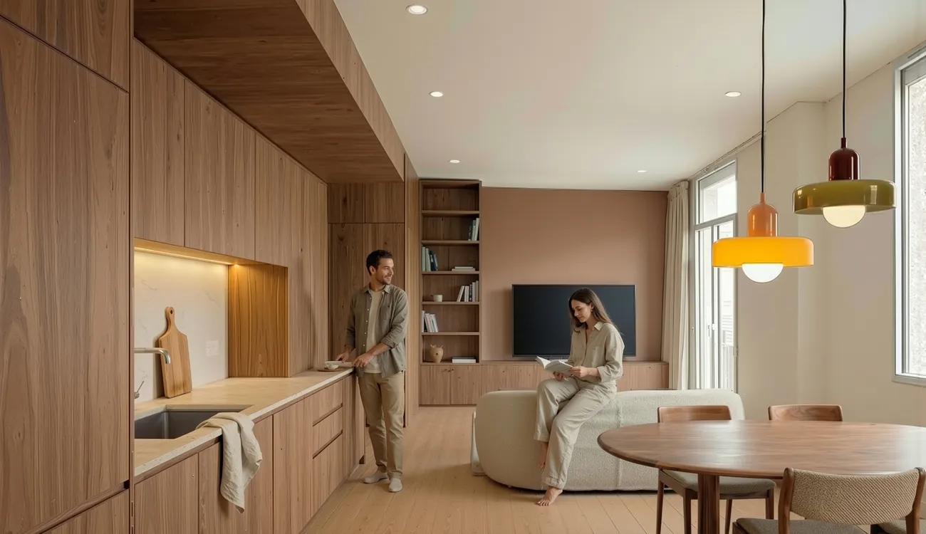 Aménagement intérieur chaleureux avec finitions en bois dans le projet immobilier La Belle Époque à Roanne.