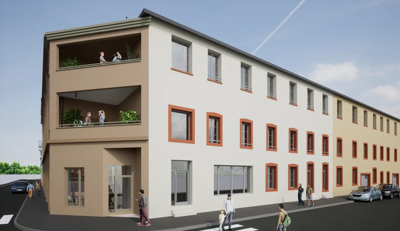 Entrée extérieure du projet immobilier La Belle Époque à Roanne, présentant un design accueillant et contemporain.